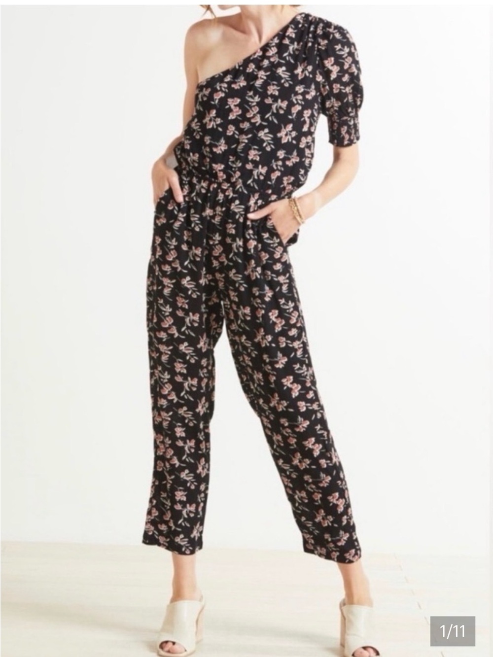 One-Shoulder Floral Jumpsuit in Black with Pink Floral Print